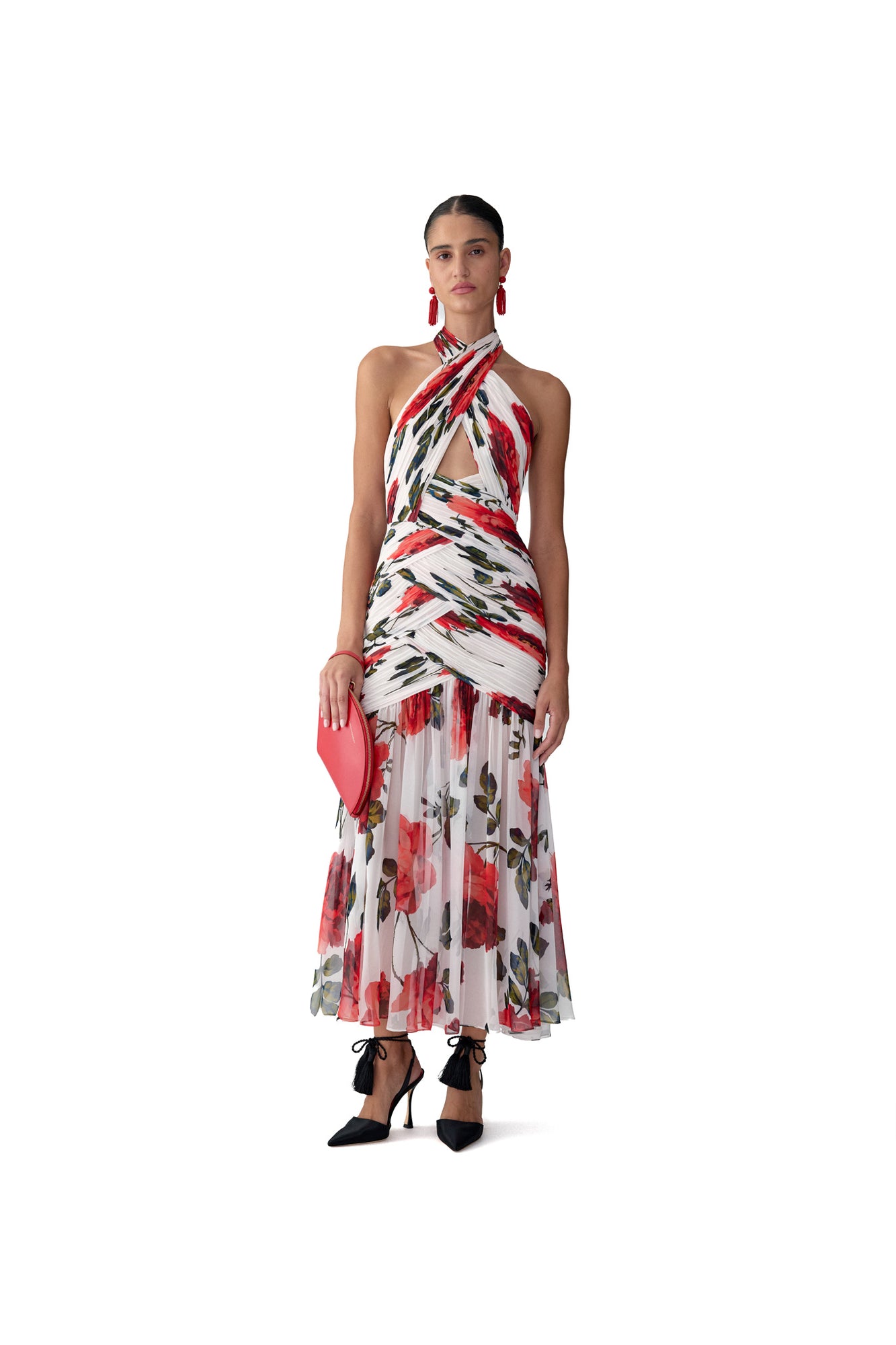 Criss-Cross Halter Neck Ruched Midi Dress | Ivory Multi