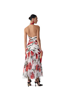 Criss-Cross Halter Neck Ruched Midi Dress | Ivory Multi