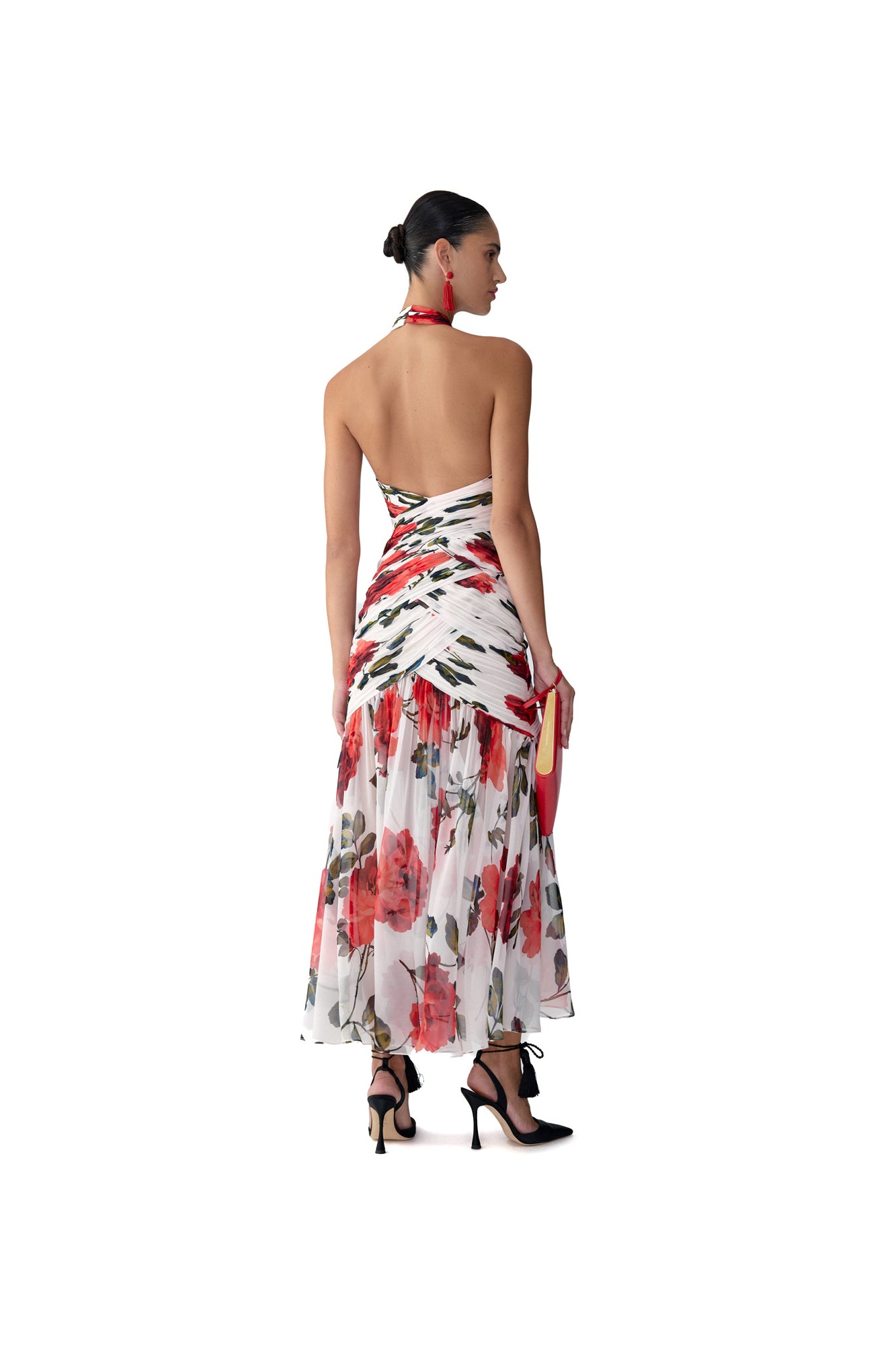 Criss-Cross Halter Neck Ruched Midi Dress | Ivory Multi