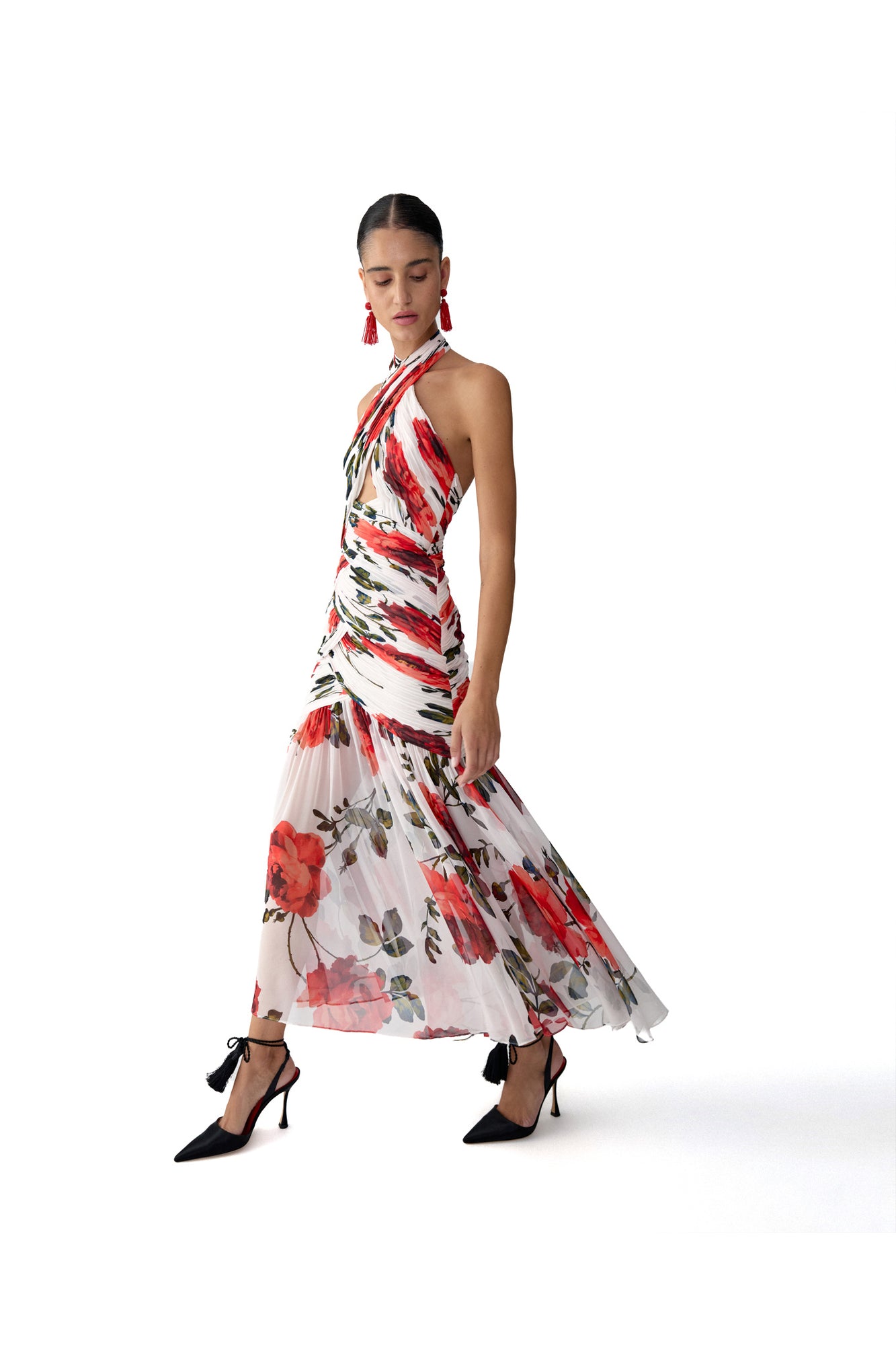 Criss-Cross Halter Neck Ruched Midi Dress | Ivory Multi