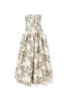 Strapless Corseted Drop Waist Tea Length Dress | Ivory Multi