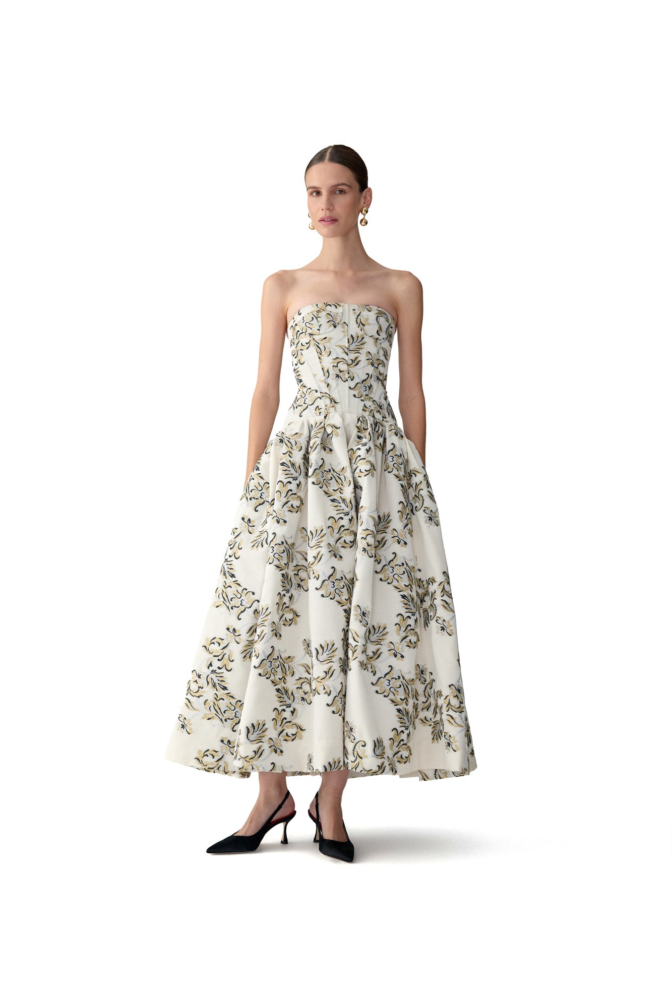 Strapless Corseted Drop Waist Tea Length Dress | Ivory Multi