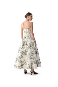 Strapless Corseted Drop Waist Tea Length Dress | Ivory Multi