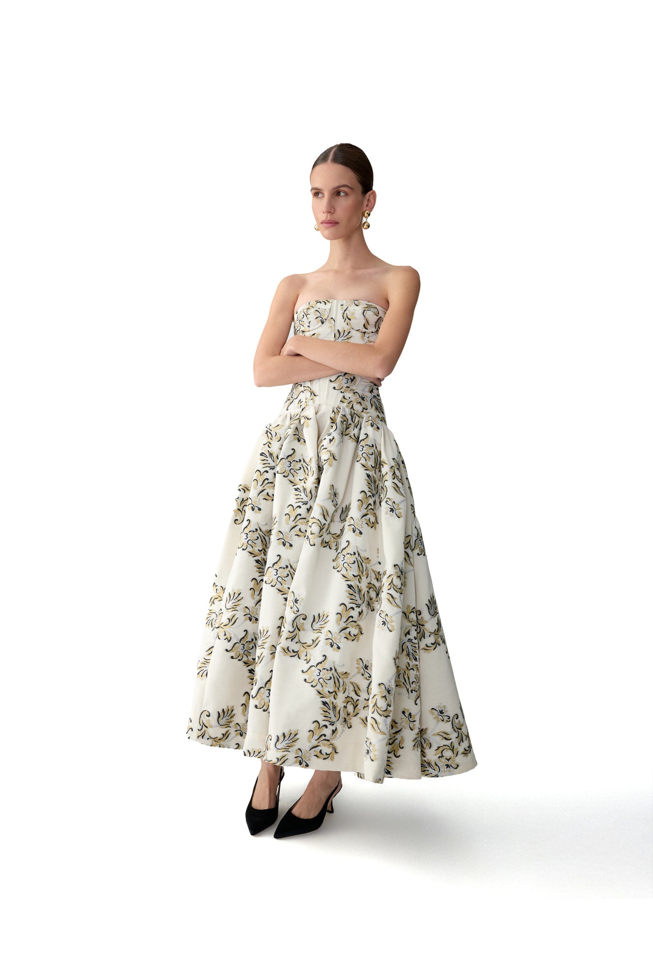 Strapless Corseted Drop Waist Tea Length Dress | Ivory Multi
