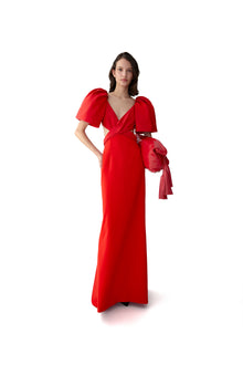 Bell Sleeve V-Neck Cross Front Gown With Cutout | Herrera Red