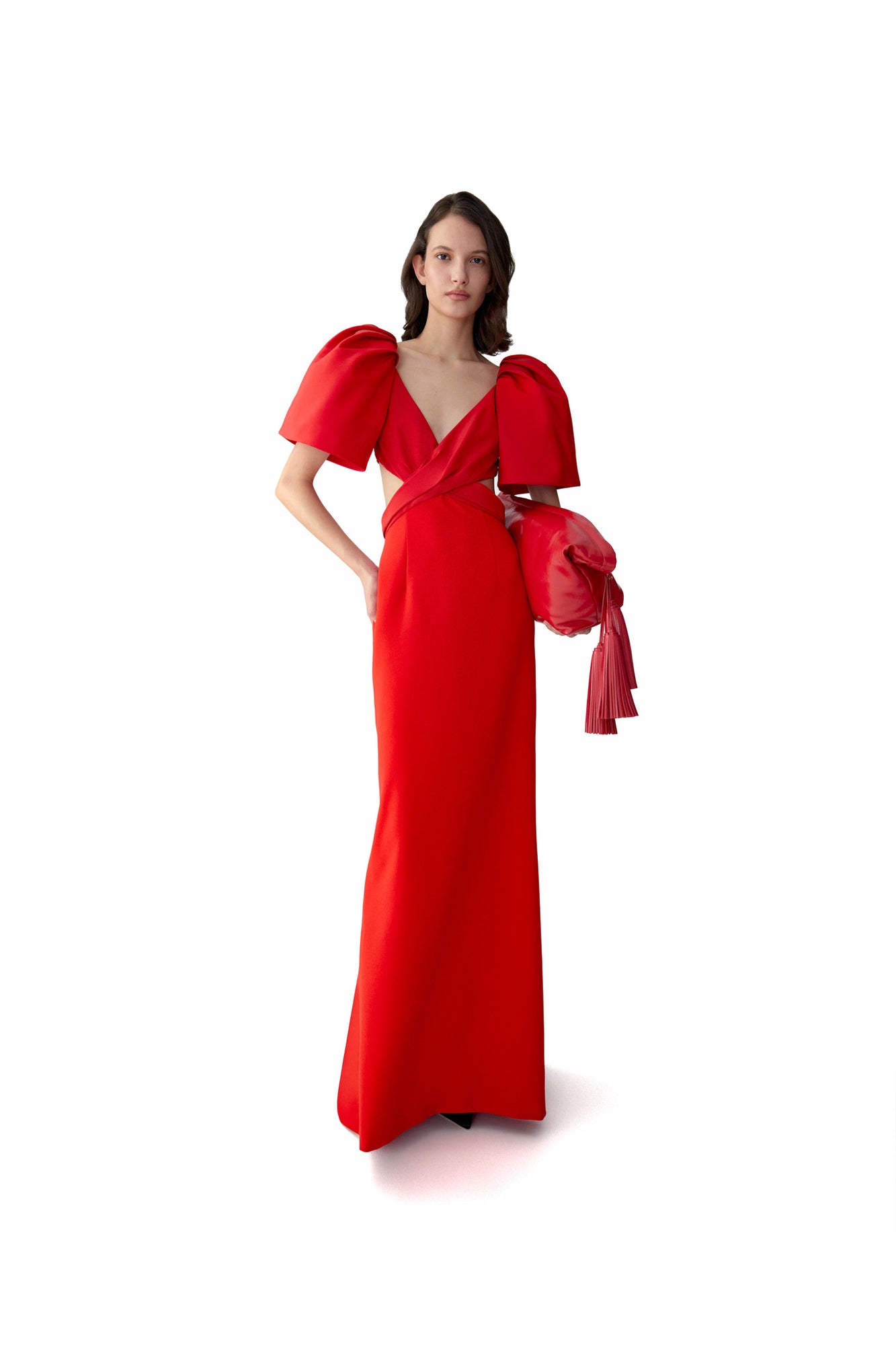 Bell Sleeve V-Neck Cross Front Gown With Cutout | Herrera Red