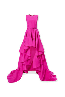 Sleeveless Crewneck High-Low Ruffle Hem Gown | Hot Pink
