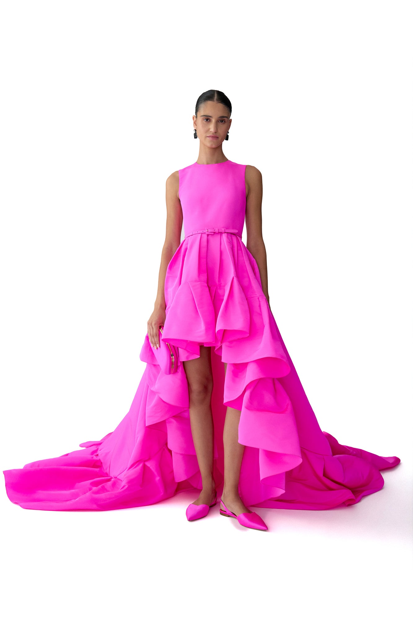 Sleeveless Crewneck High-Low Ruffle Hem Gown | Hot Pink
