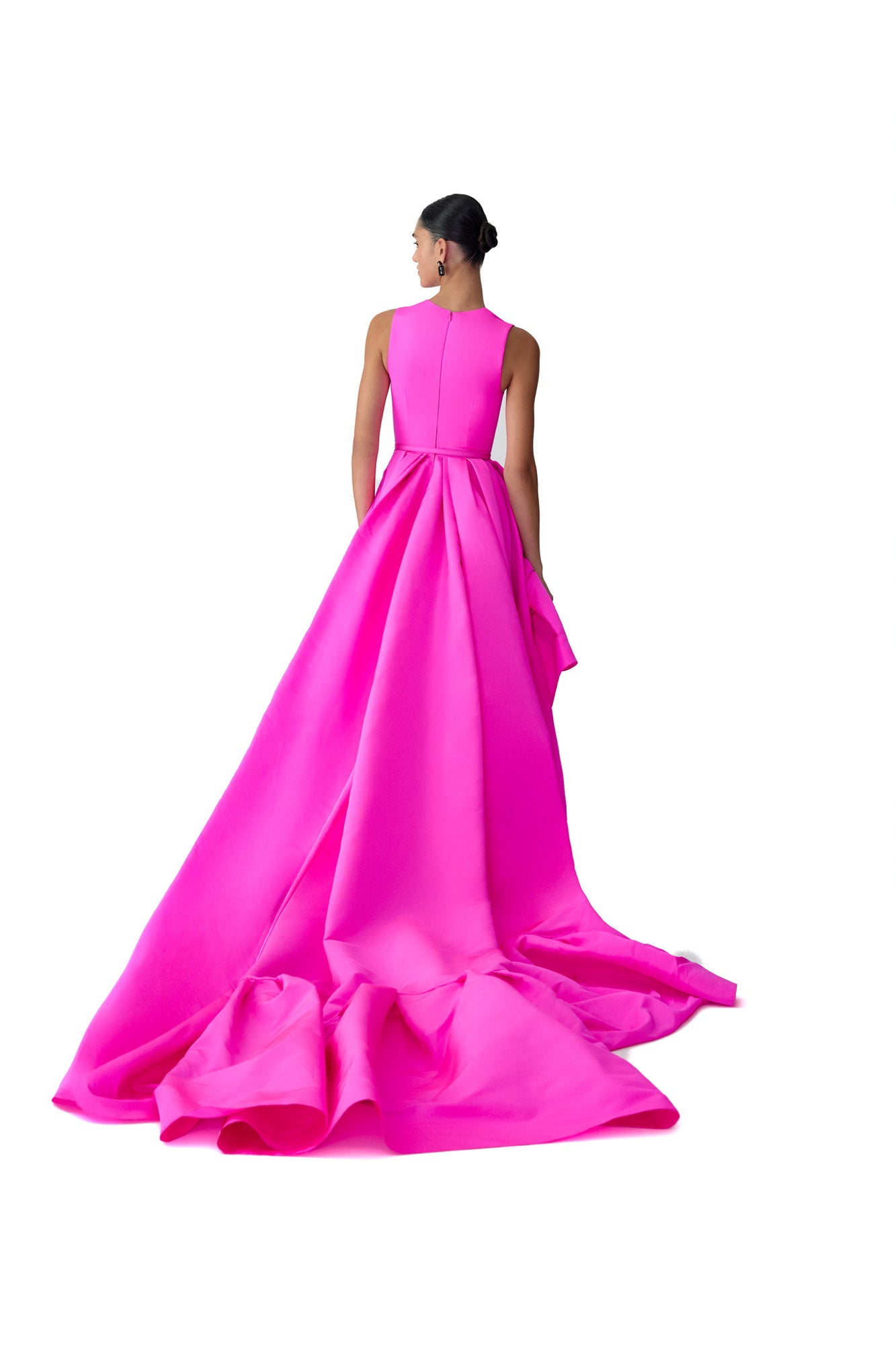 Sleeveless Crewneck High-Low Ruffle Hem Gown | Hot Pink