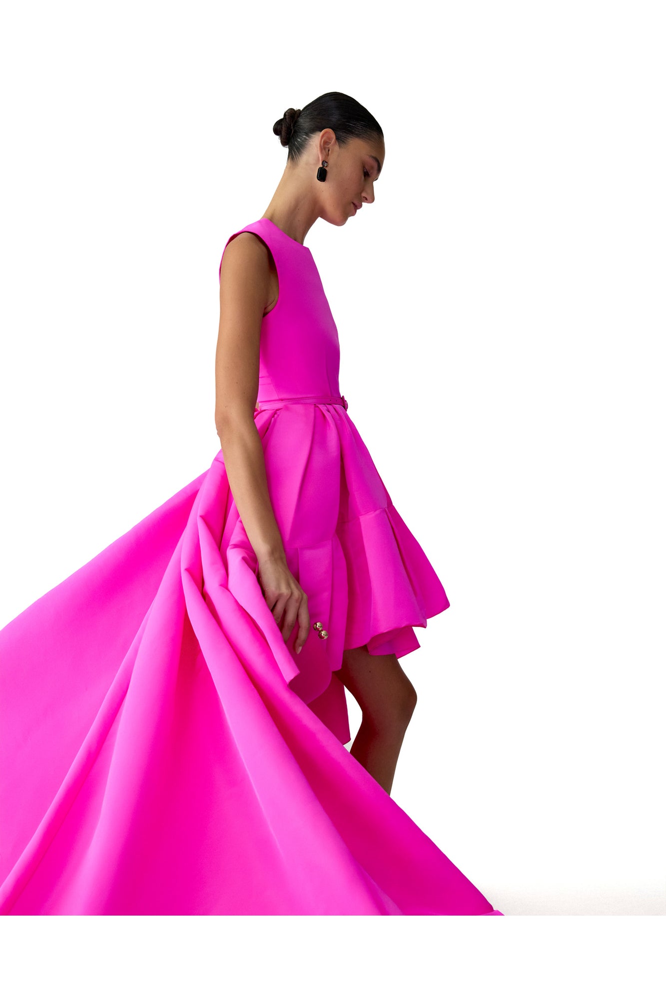 Sleeveless Crewneck High-Low Ruffle Hem Gown | Hot Pink