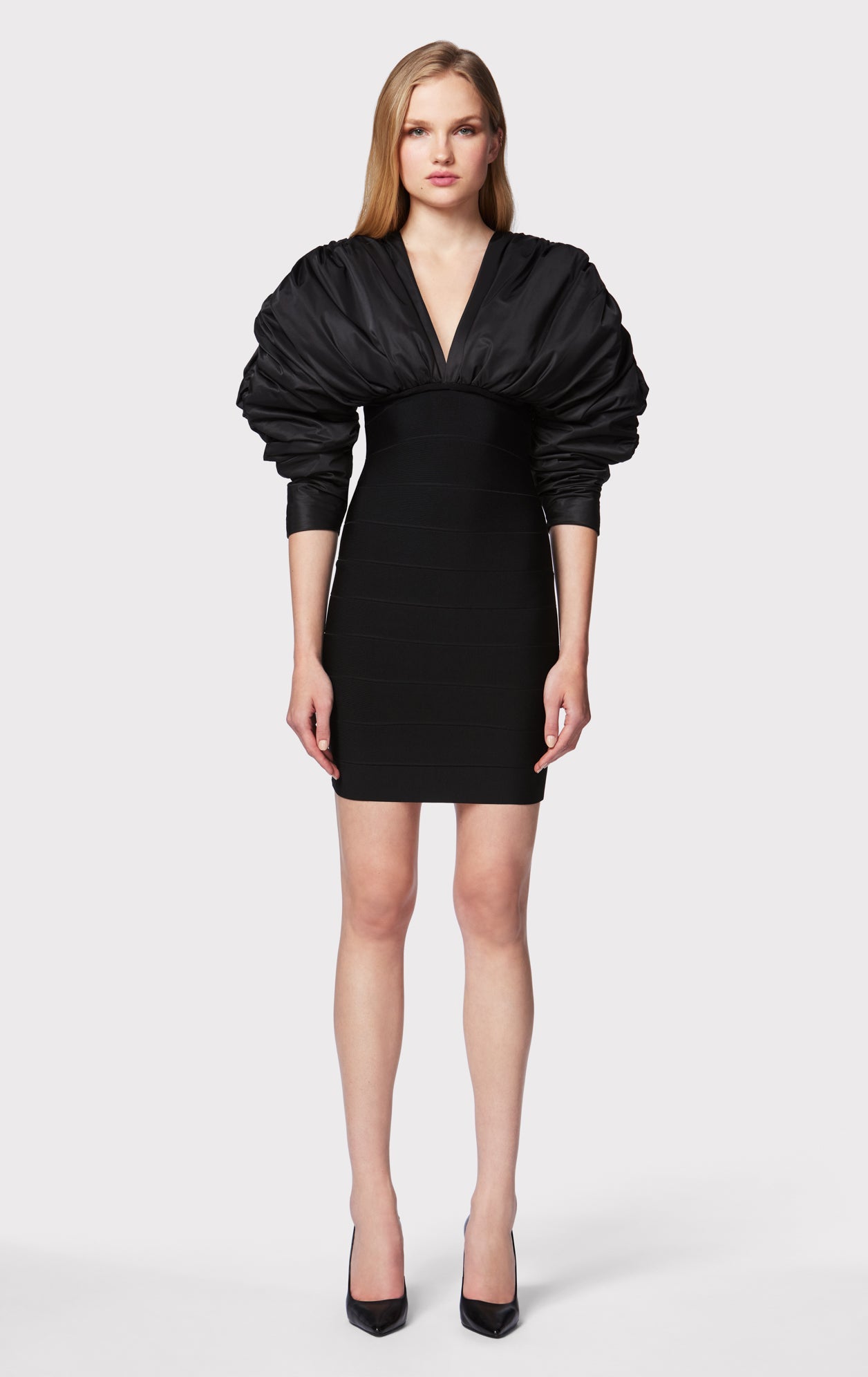 Ruched Nylon Mini Dress | Black