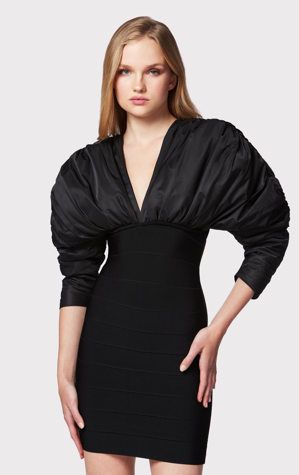 Ruched Nylon Mini Dress | Black