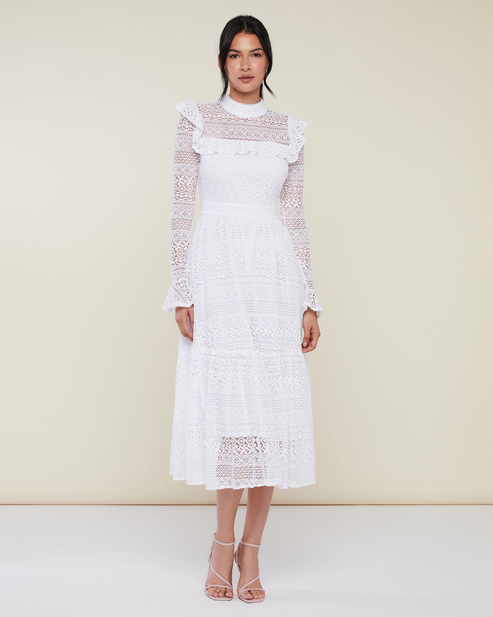 Crochet Lace Ruffle Dress | White