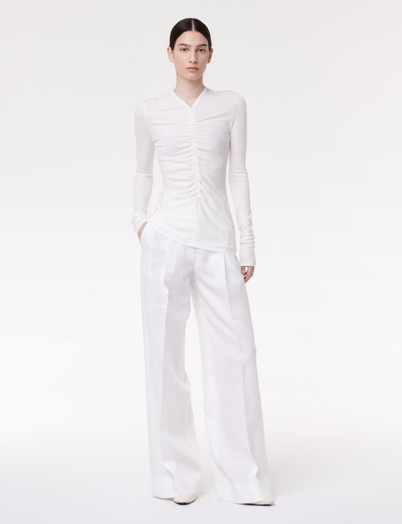 Women | Shirred Long Sleeve Top | Off White