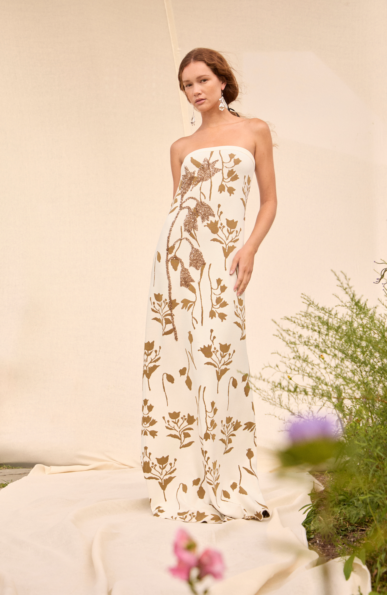 Floral Jacquard Knit Beaded Strapless Dress | Cream/Camel