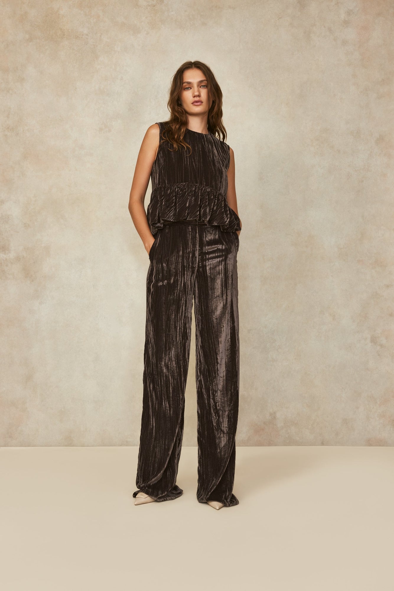 Crinkled Velvet Flounce Hem Top | Mink