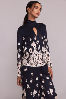 Floral Crepe Tie Neck Blouse | Navy Multi