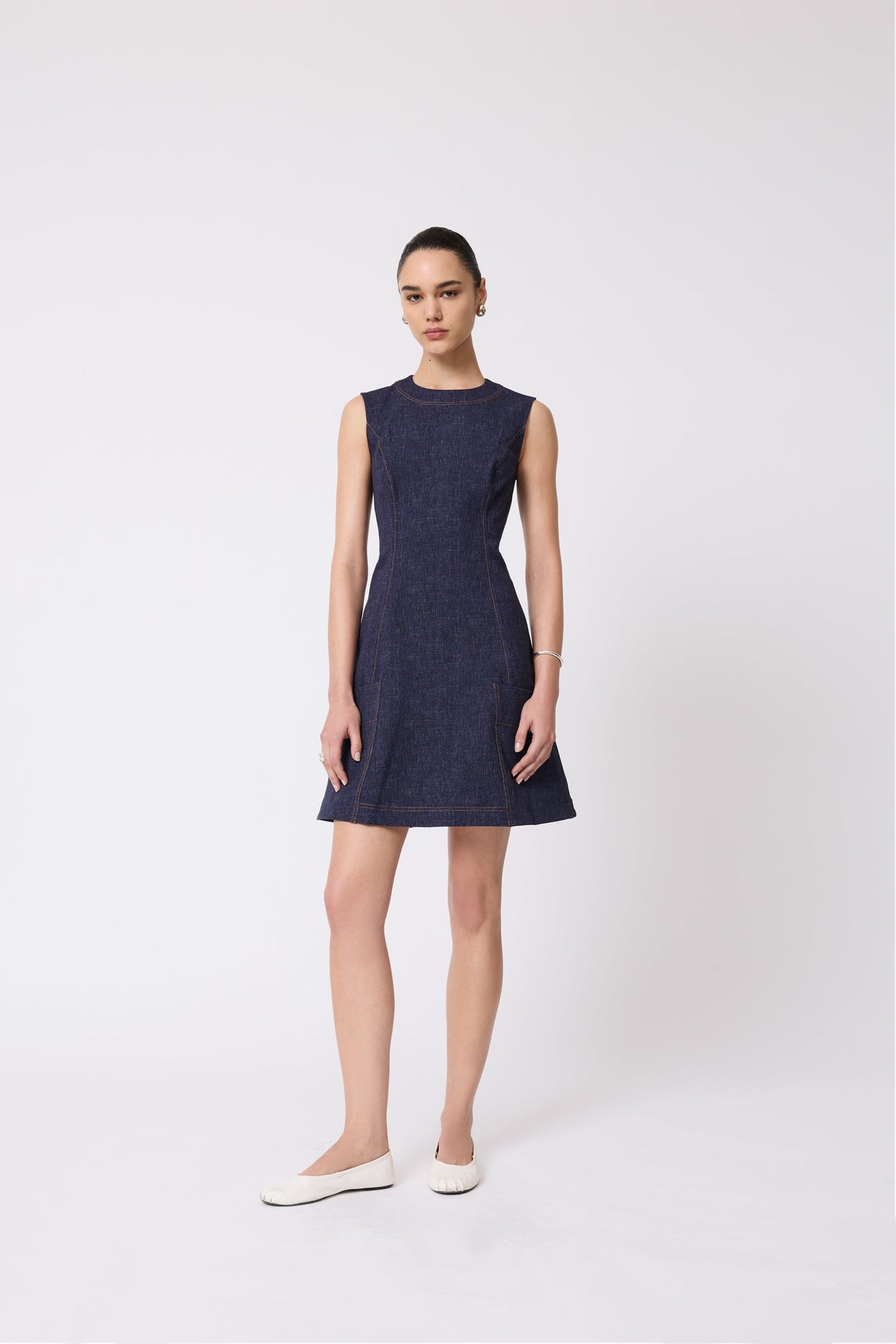 Stretch Denim Seamed A-Line Dress | Midnight