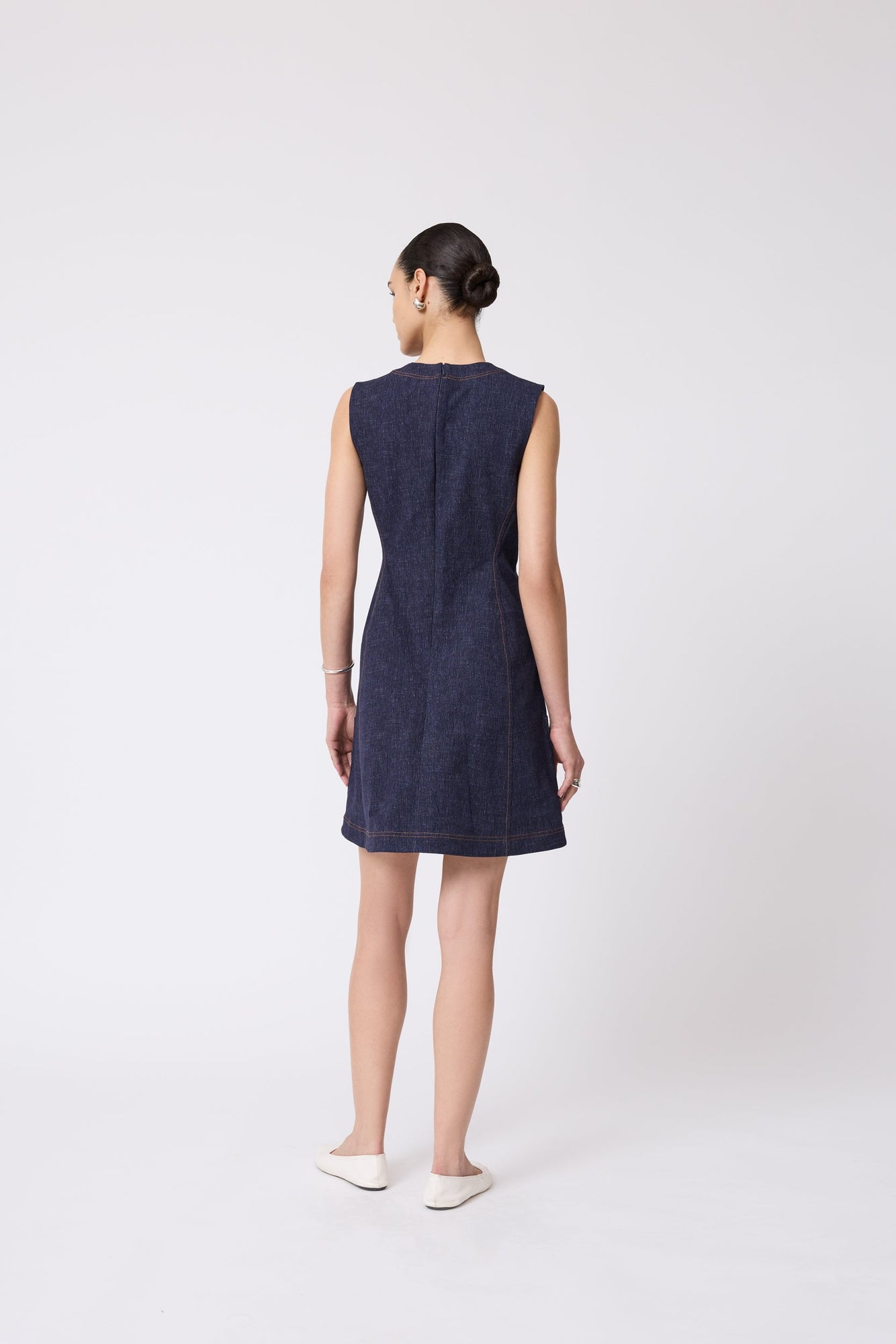 Stretch Denim Seamed A-Line Dress | Midnight