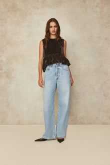 Crinkled Velvet Flounce Hem Top | Mink