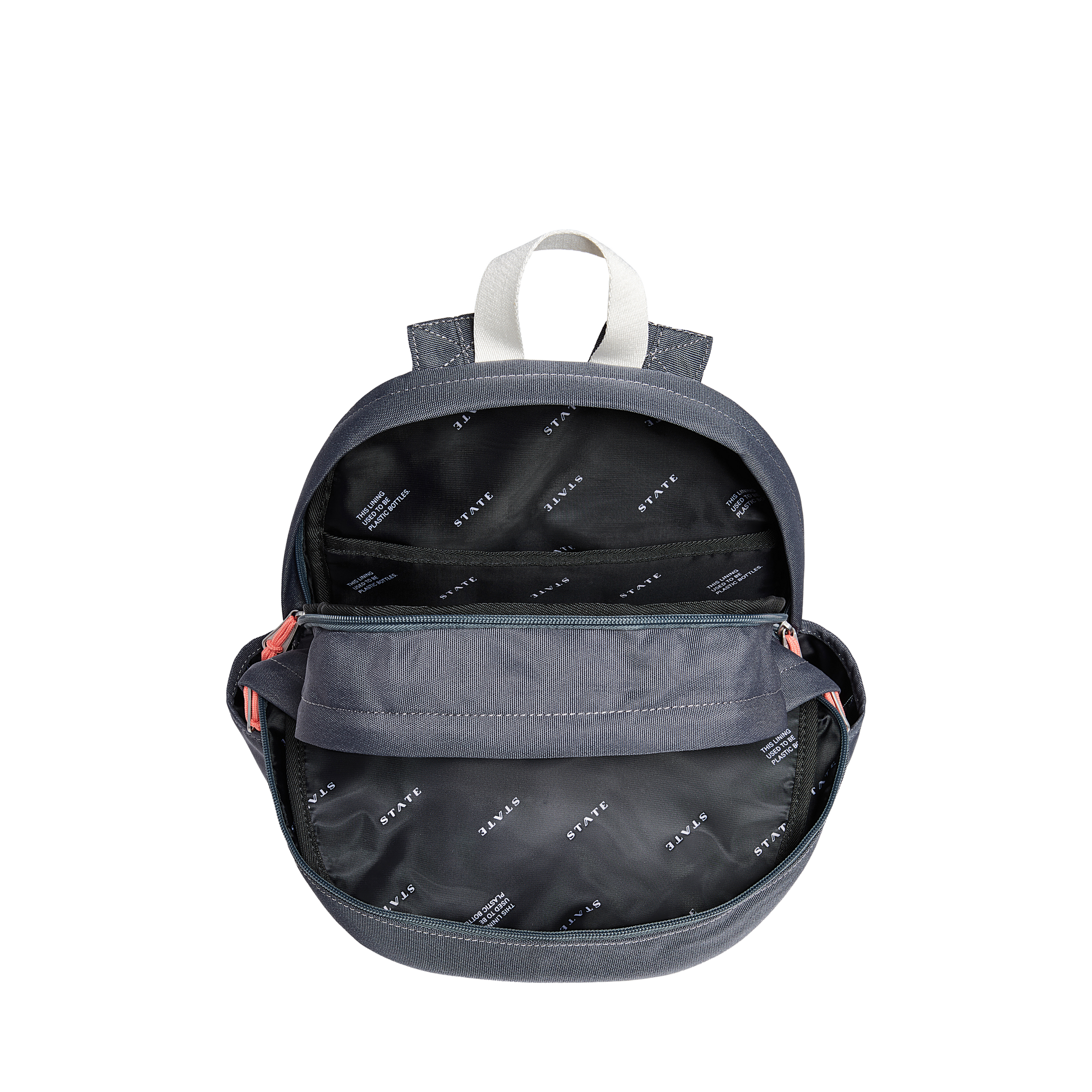 State bags kane double pocket backpack polyester canvas dark grey interior overhead view click to zoom