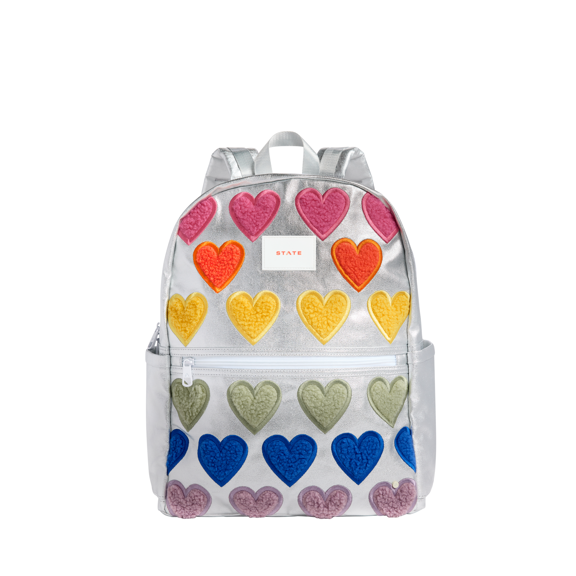 STATE Bags Kane Kids Large Metallic Fuzzy Hearts Front View Click to Zoom