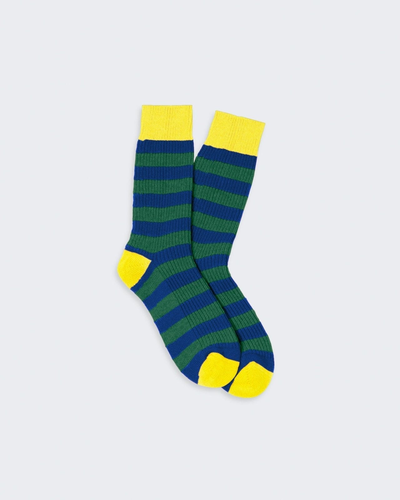 The Striped Soft Socks in cobalt, rainforest, and lemon colors made from 100% lightweight cashmere for indoor lounging.