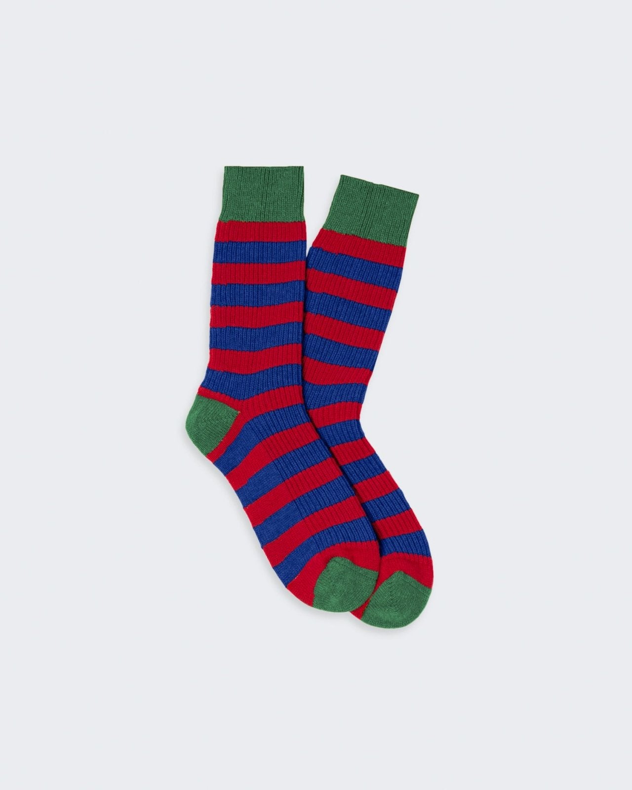 The Striped Soft Socks True Red Cobalt Rainforest with contrast stripes in 100% lightweight cashmere for indoor lounging.