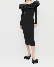 Suki Dress in black jersey fabric and Noa Black Moire Bow Flat.