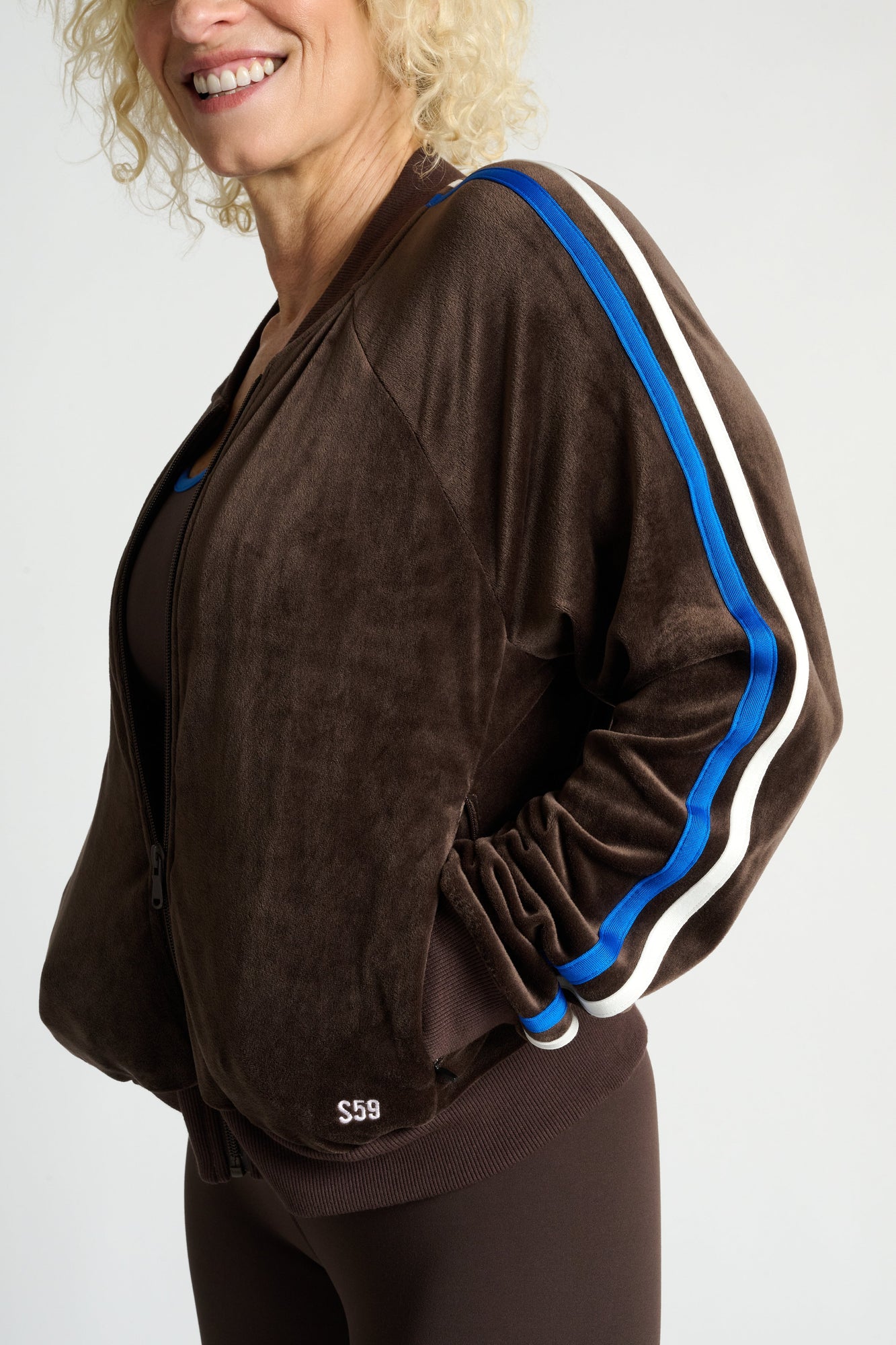 Splits59 | Heritage Velour Bomber | Dark Chocolate/Classic Blue