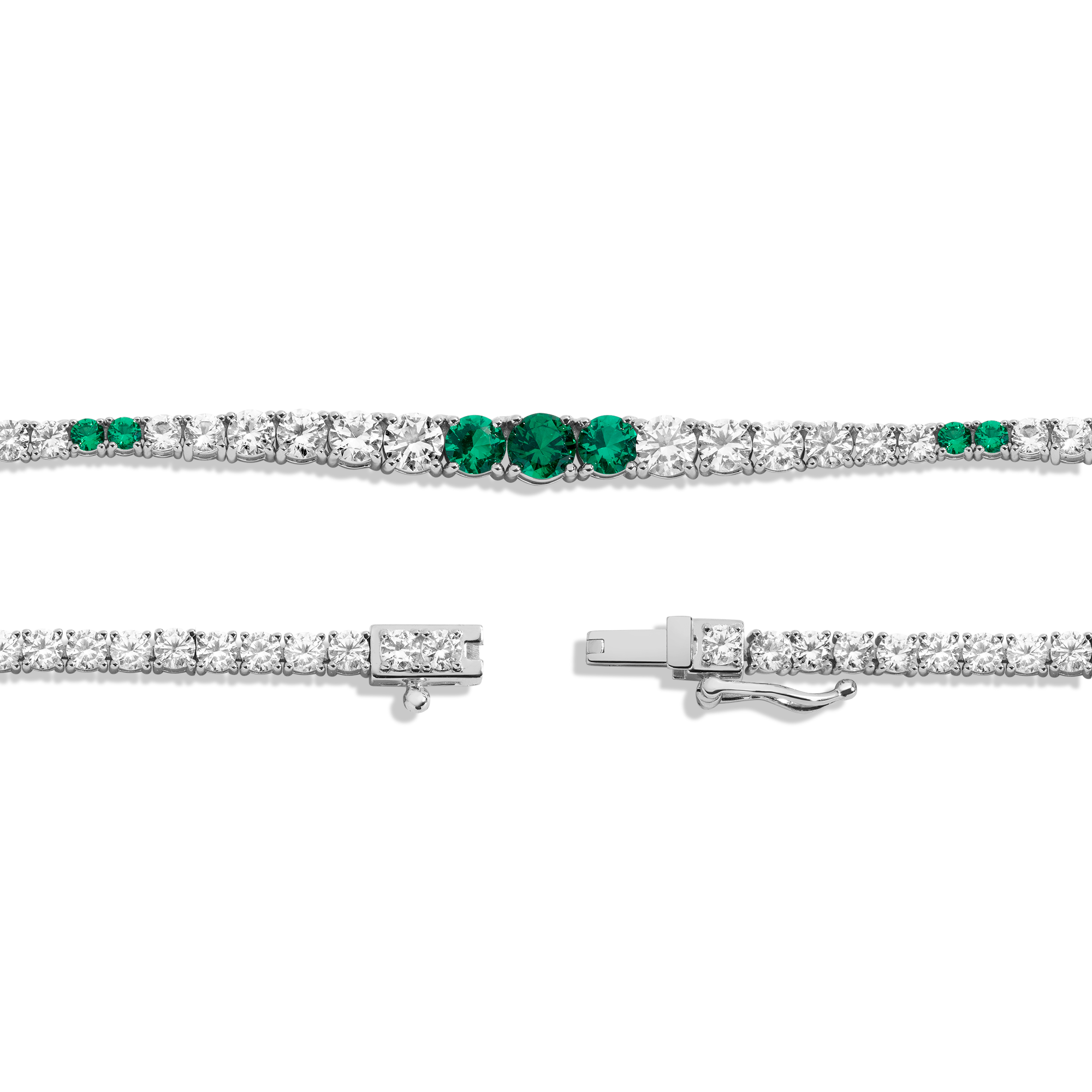 Lab Grown Emerald and White Sapphire Scalloped Tennis Necklace Vermeil White Gold 16in