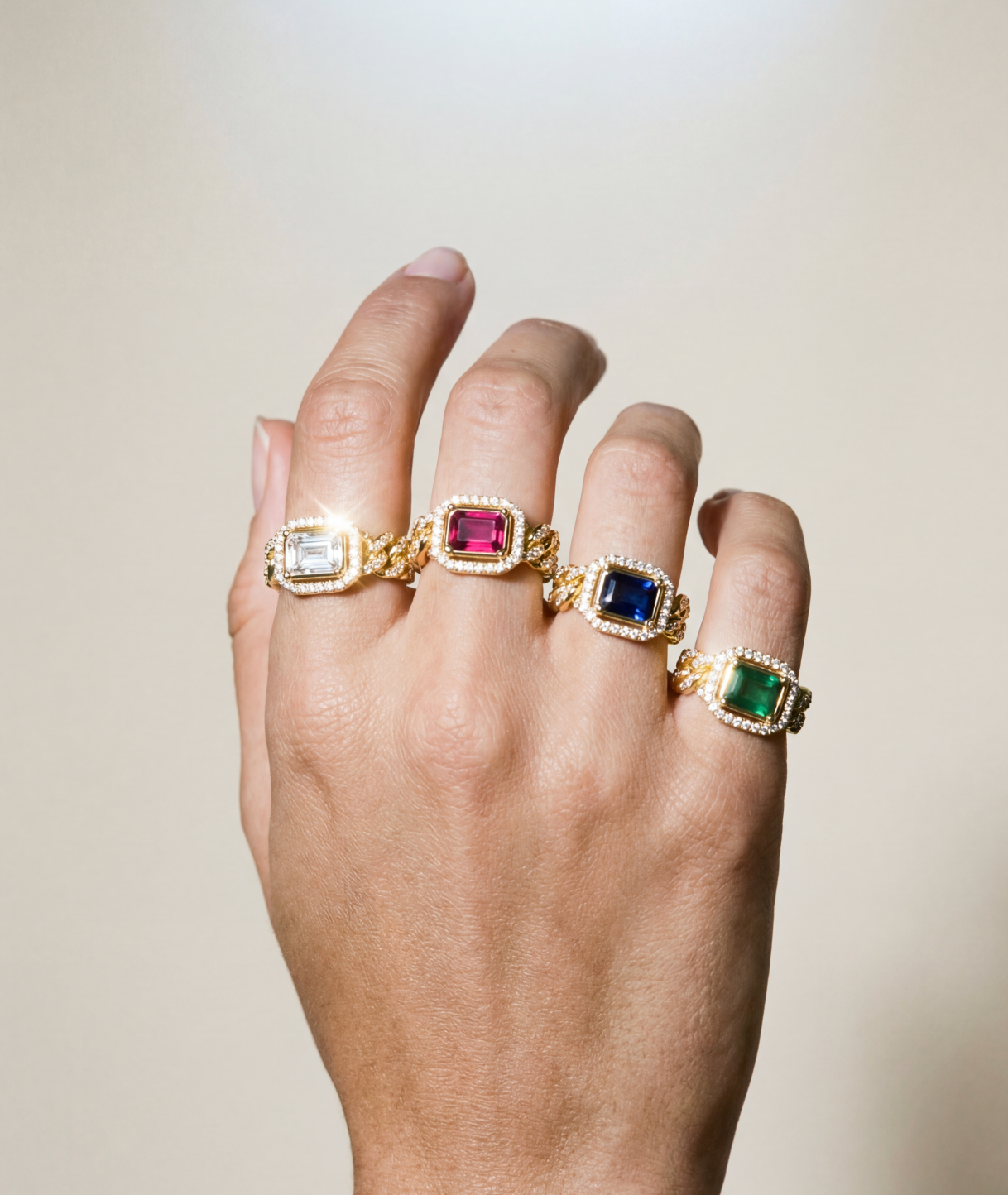 The Halo Colored Stone Cuban Link Chain Ring | Green