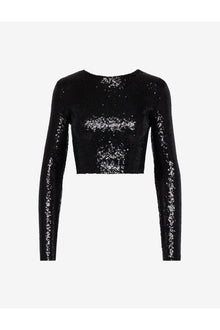 Sequin Long Sleeve Crewneck Crop Top | Black