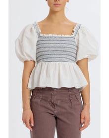 Smocked Puff Shoulder Top | White