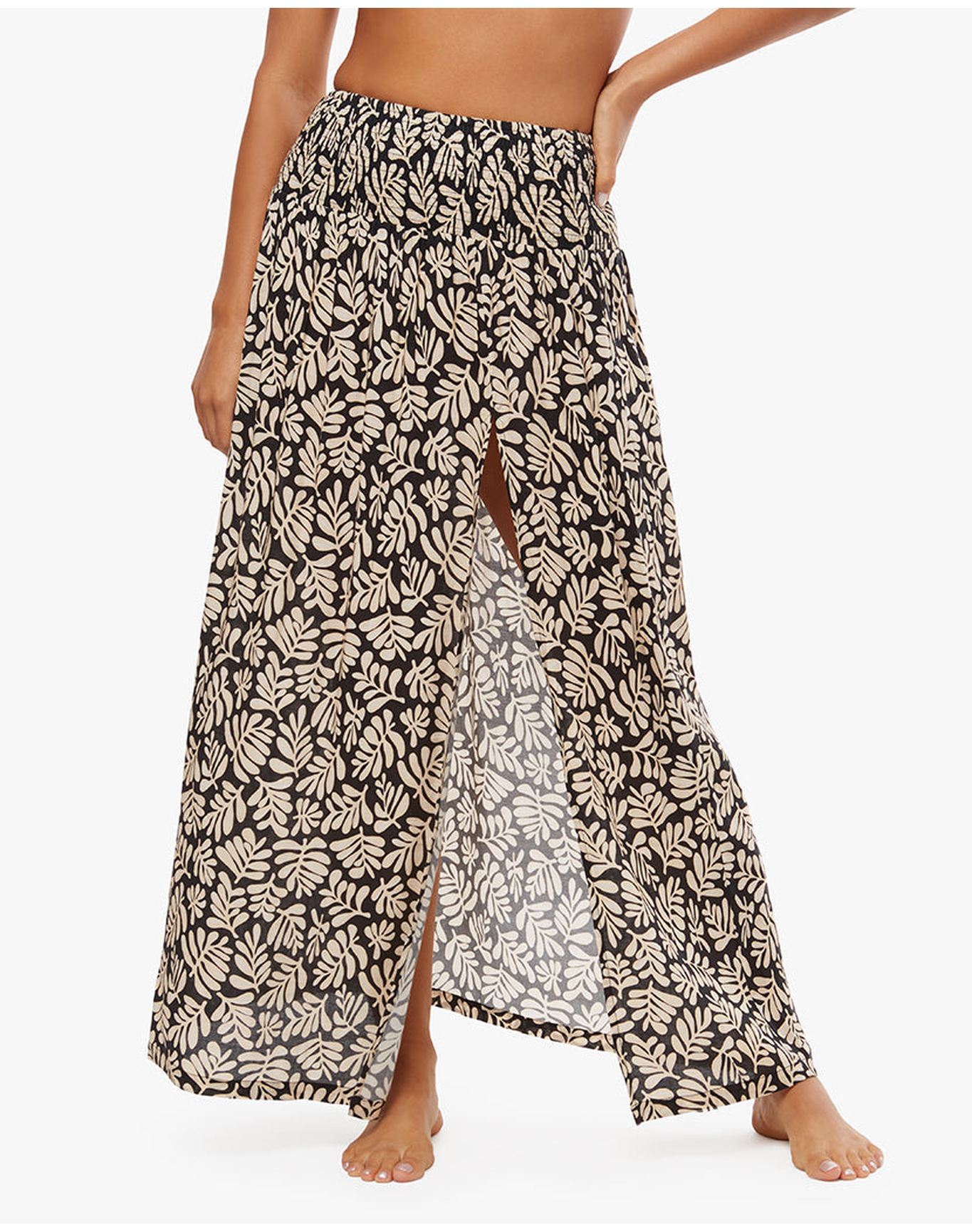Smocked Slit Safari Leaves Maxi Skirt | Black