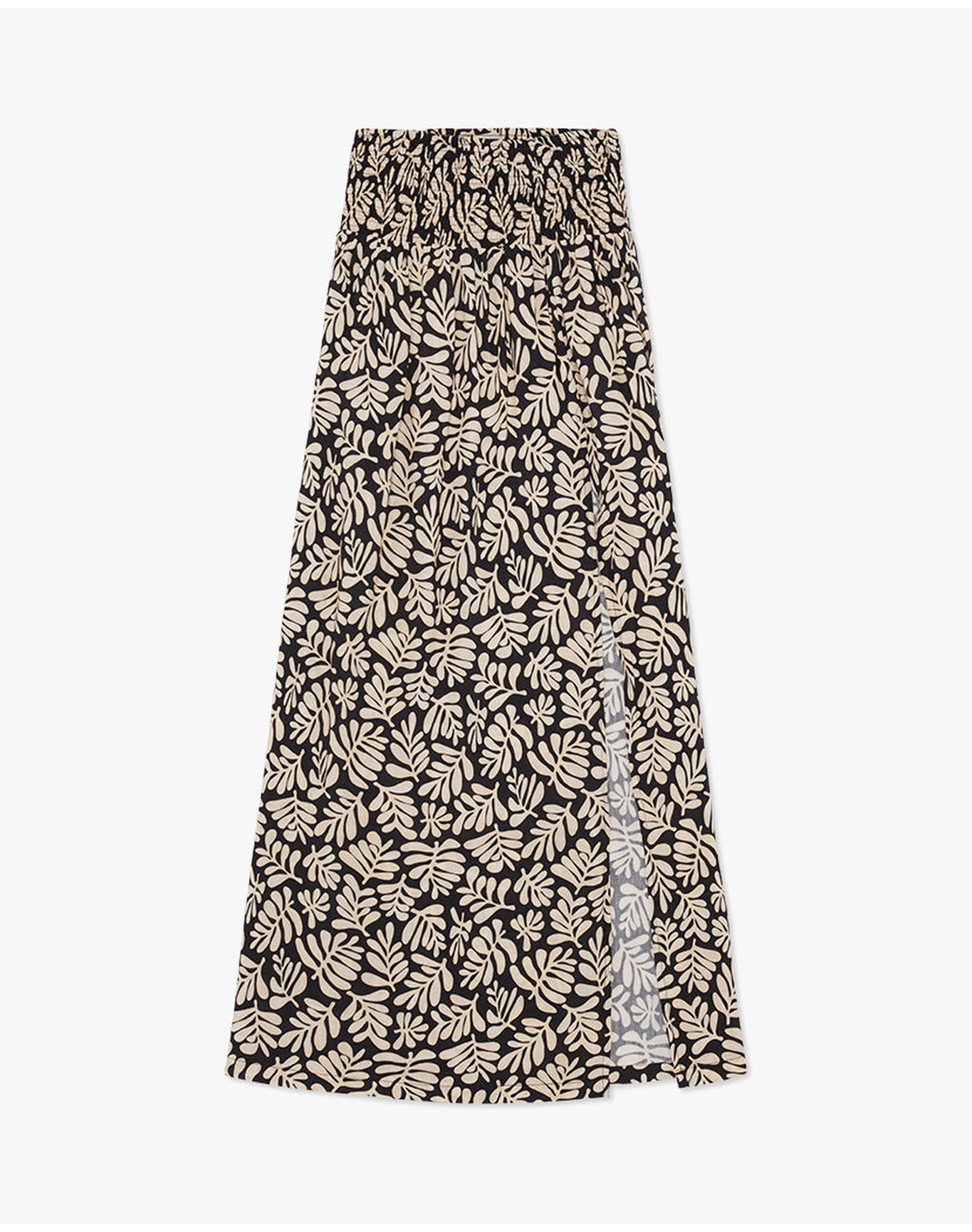 Smocked Slit Safari Leaves Maxi Skirt | Black
