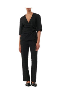 Stretch Seersucker Wrap Blouse | Black