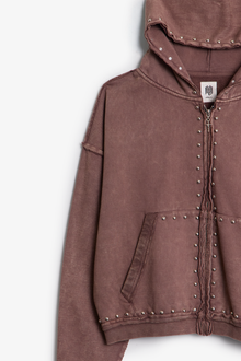 Studded Ruffle Zip Up Hoodie | Washed Brown