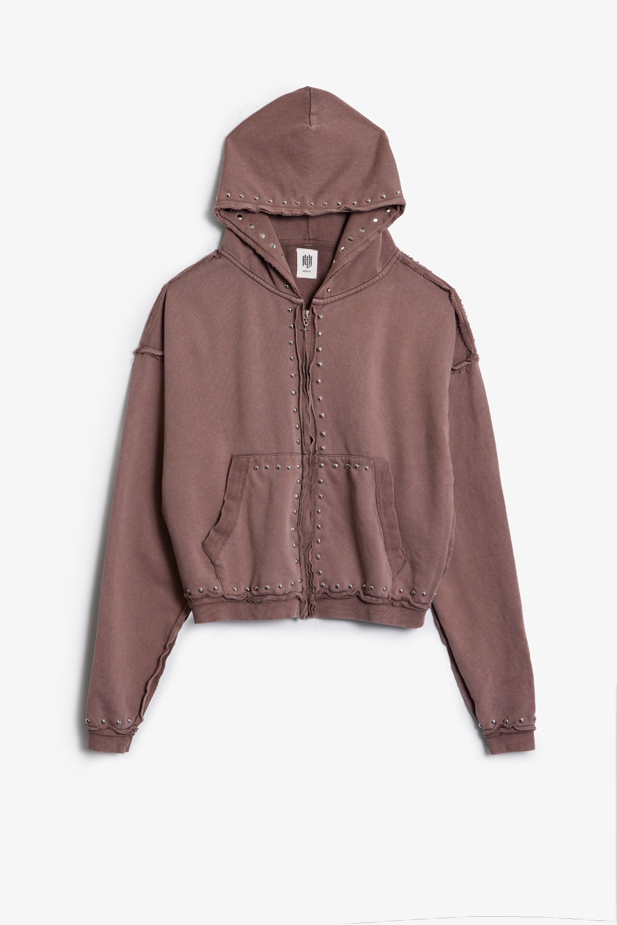 Studded Ruffle Zip Up Hoodie | Washed Brown