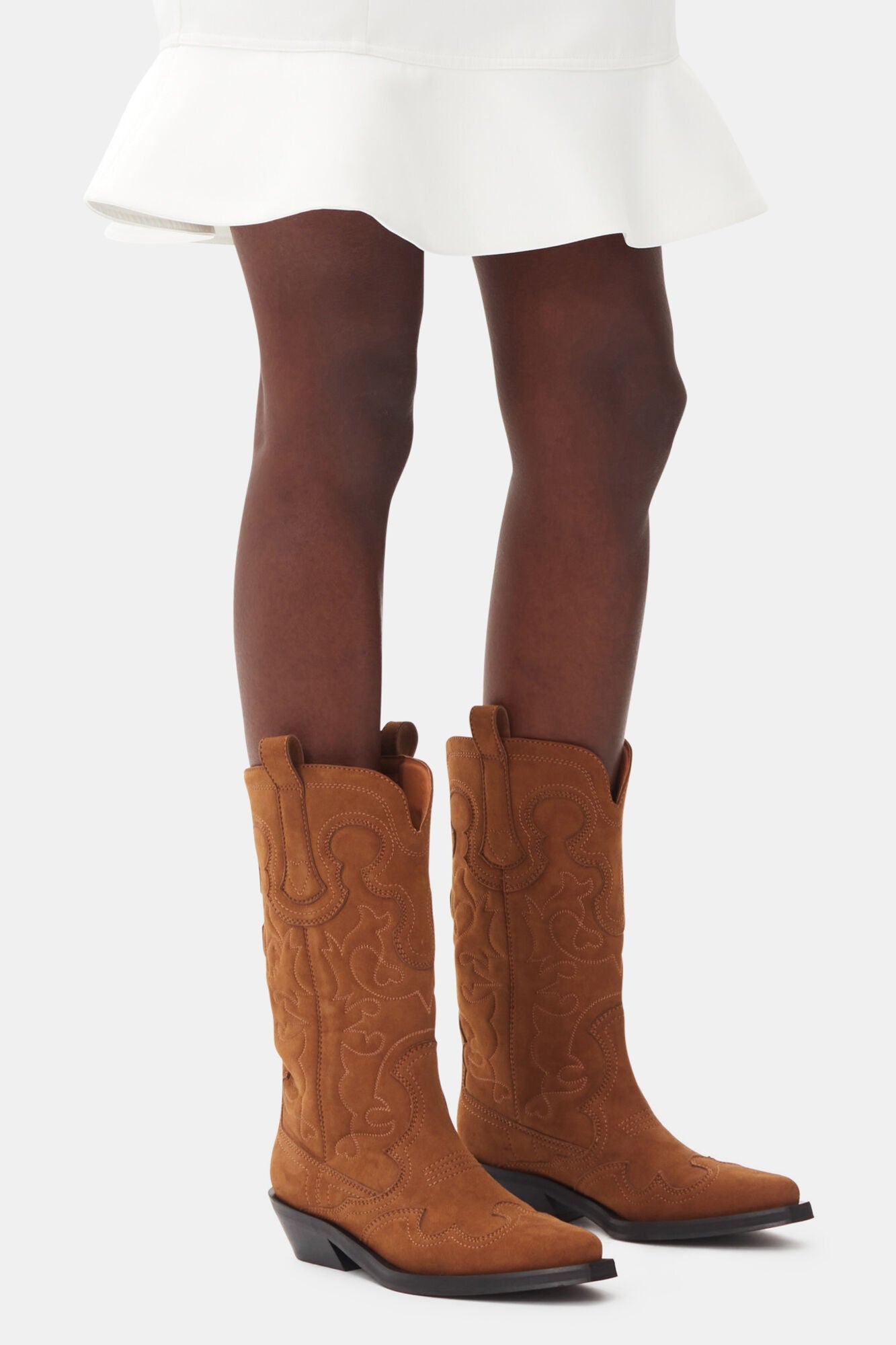 Suede Mid Shaft Embroidered Western Boots | Tobacco Brown