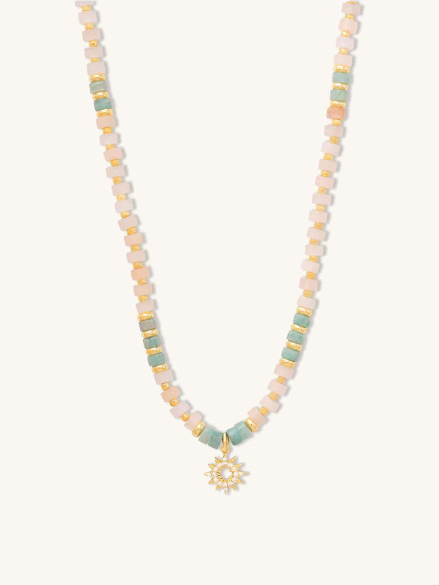 Sun Hues Beaded Necklace | Pink Opal/Amazonite/5A Grade Cubic Zirconia | 14K Gold Plated Brass