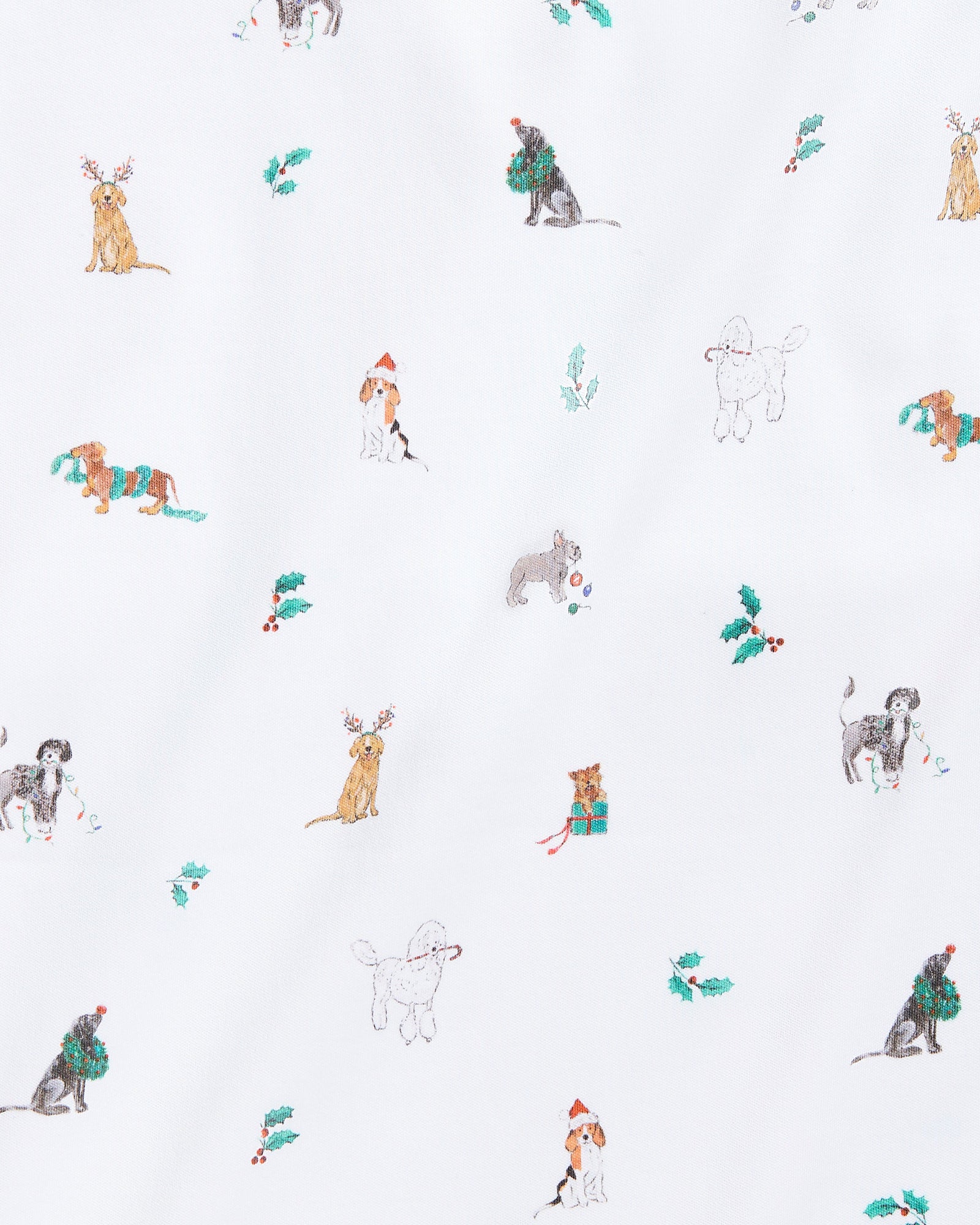 The Kids Pima Snug Fit Pajama Set in Jingle Paws by Petite Plume features a playful dog pattern with festive accessories on soft Pima cotton. The long sleeve top and pant set displays pups carrying presents amid holly leaves on a crisp white background.