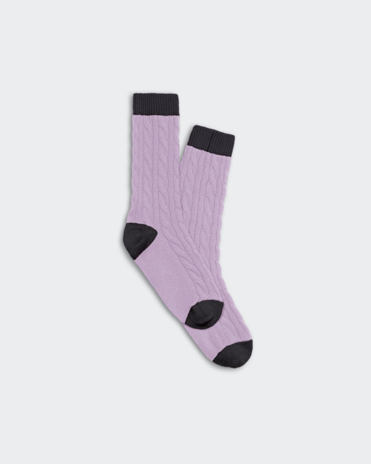 Pair of unisex cashmere cable knit socks in dusk purple with charcoal colorblock toe, heel, and cuff details.