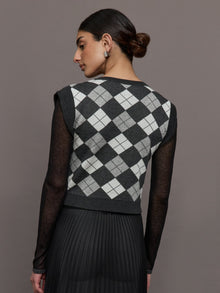 Nomia Plaid Pearly V-Neck Sweater | Grey/Silver
