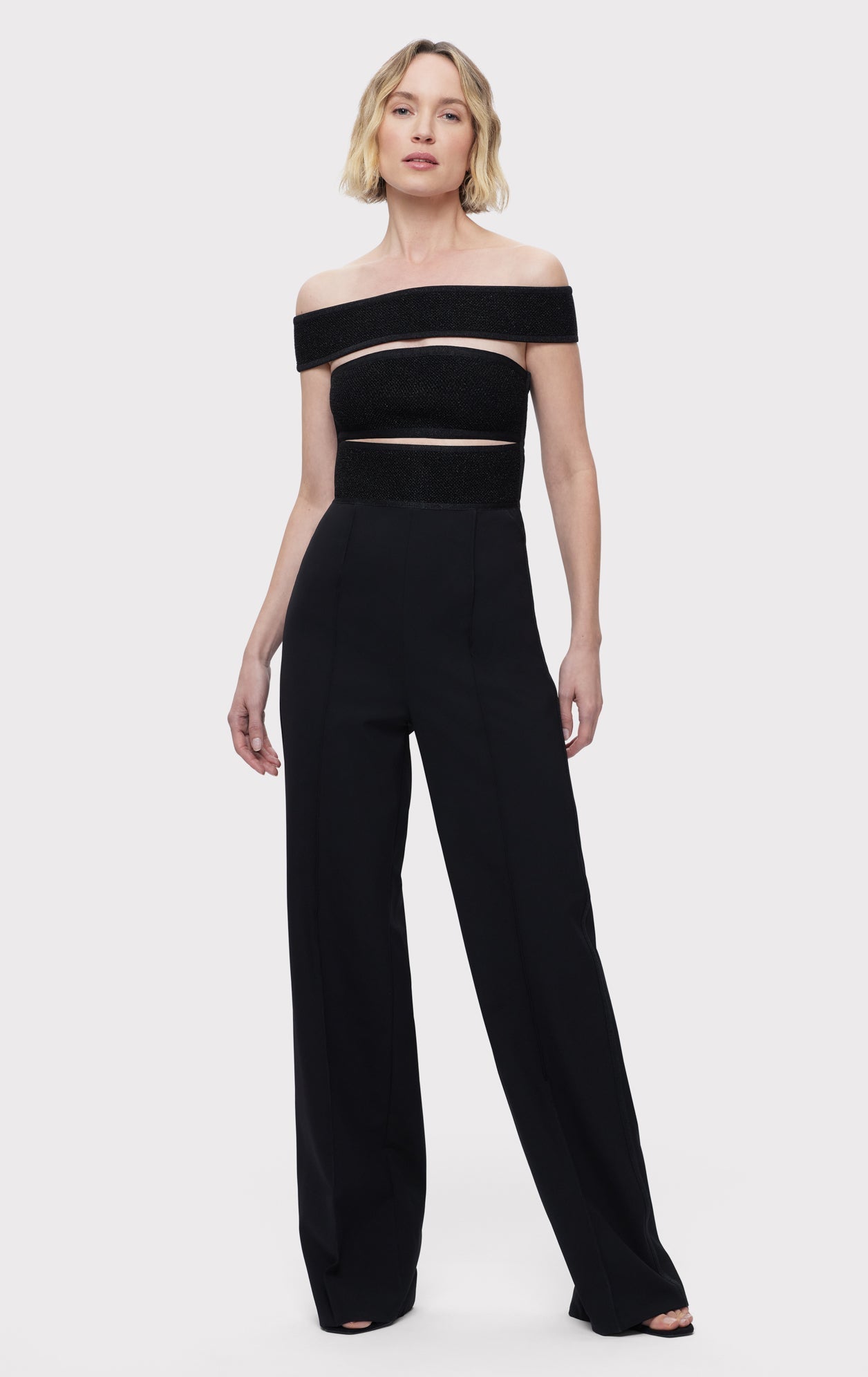 Textured Lurex Off Shoulder Jumpsuit | Metallic Black