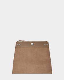 The Rudsak CATIRA L - 8325007 Almond is a brown, trapezoid-shaped pouch crafted from leather and suede, featuring a zipper and snap buttons on top. This statement accessory is shown against a plain white background.
