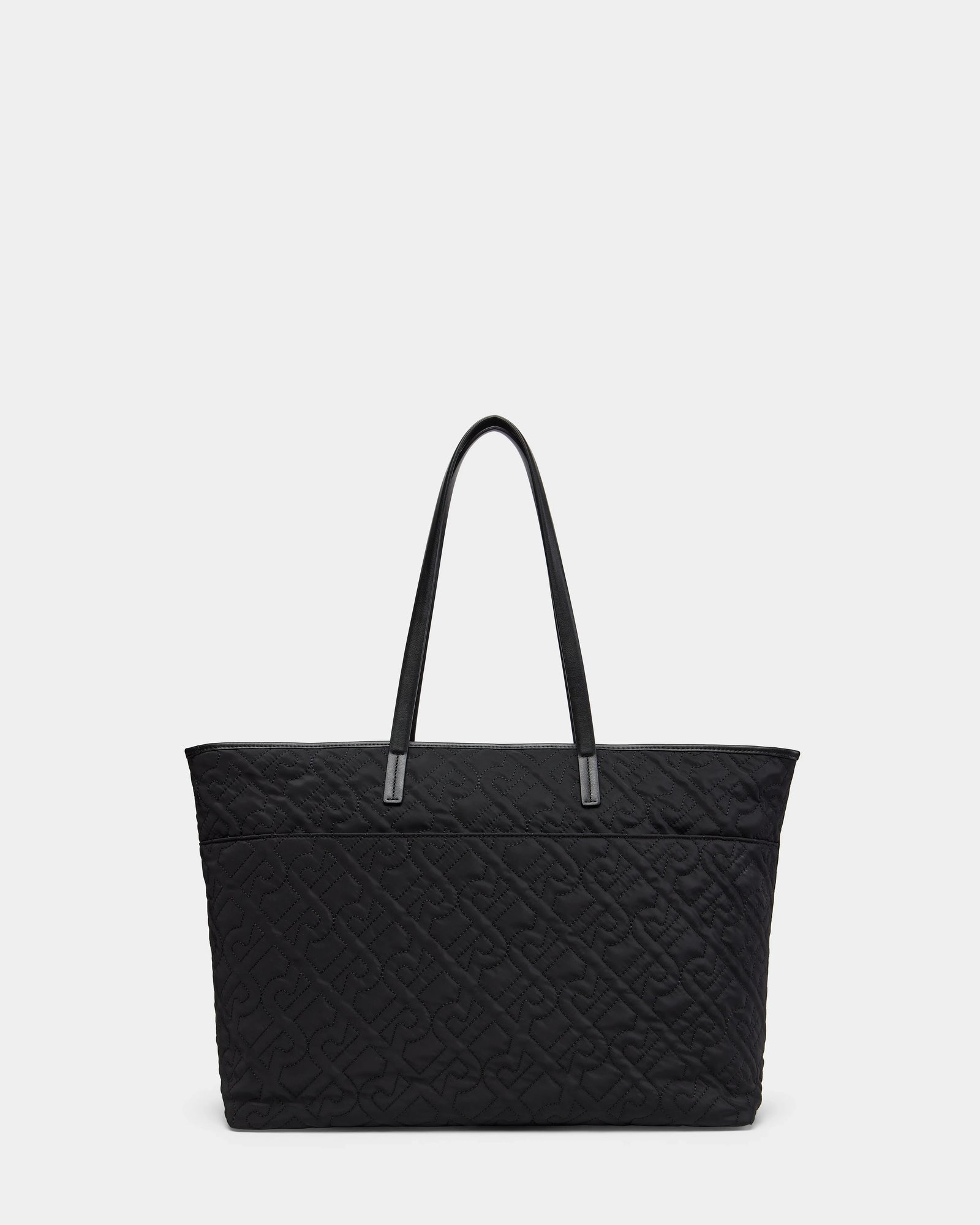 The LIVORNO - L325007 Black by Rudsak is a large black tote with two shoulder straps and an embossed interlocking letter pattern, showcased against a plain light background.