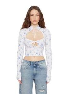 Womens | Floral Print Thermal Knit Tie Top | Blue Rose