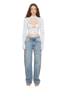 Womens | Floral Print Thermal Knit Tie Top | Blue Rose