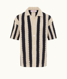 Thomas Crochet Crochet Stripe Relaxed Fit Organic Cotton Shirt | Night Iris/Cashew
